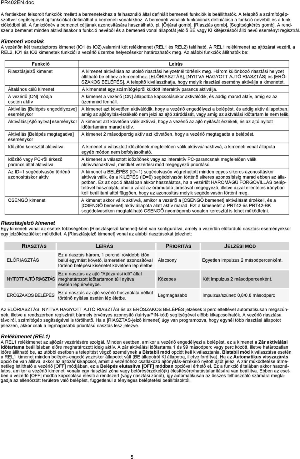 A funkciónév a bemenet céljának azonosítására használható, pl. [Õrjárat gomb], [Riasztás gomb], [Segítségkérés gomb].