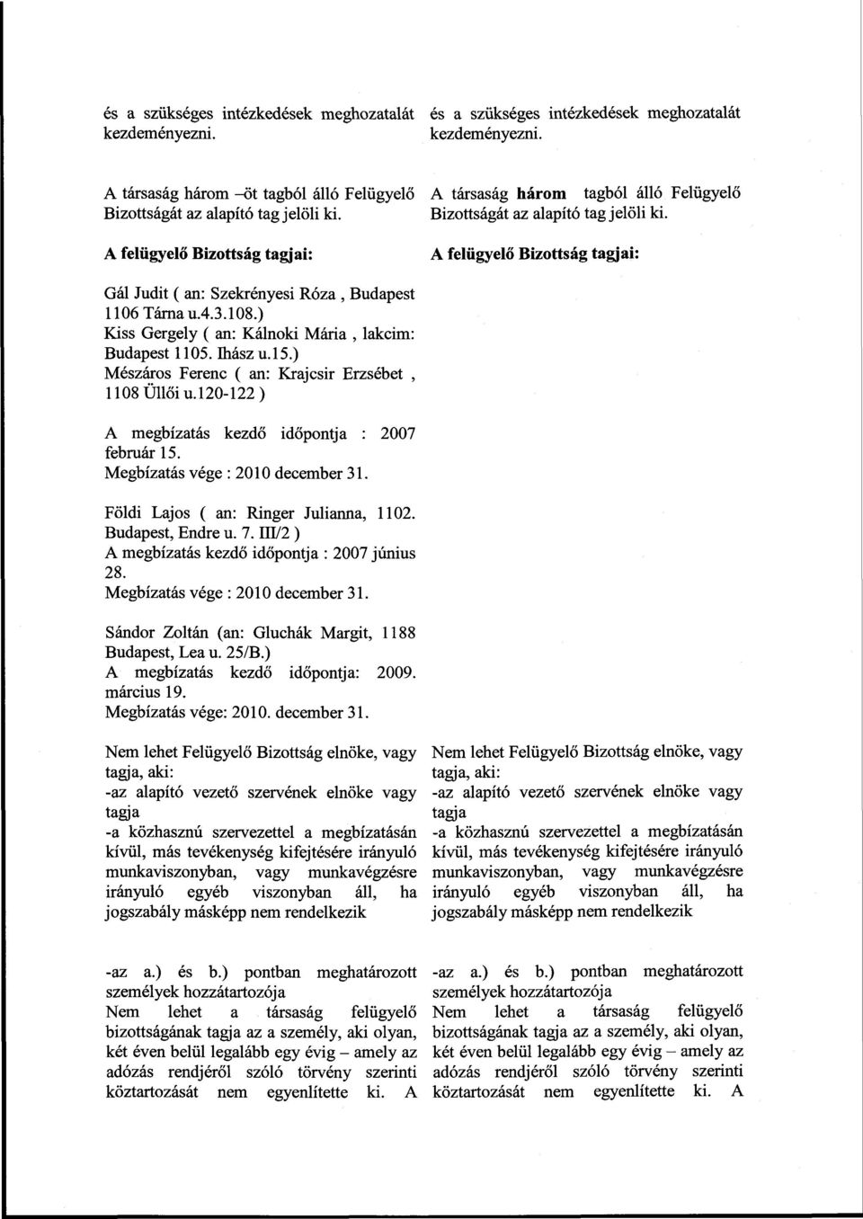 108.) Kiss Gergely ( an: Káinoki Mária, lakcim: Budapest 1105. Ihász u. 15.) Mészáros Ferenc ( an: Krajcsir Erzsébet, 1108 Üllői u. 120-122) A megbízatás kezdő időpontja : 2007 február 15.