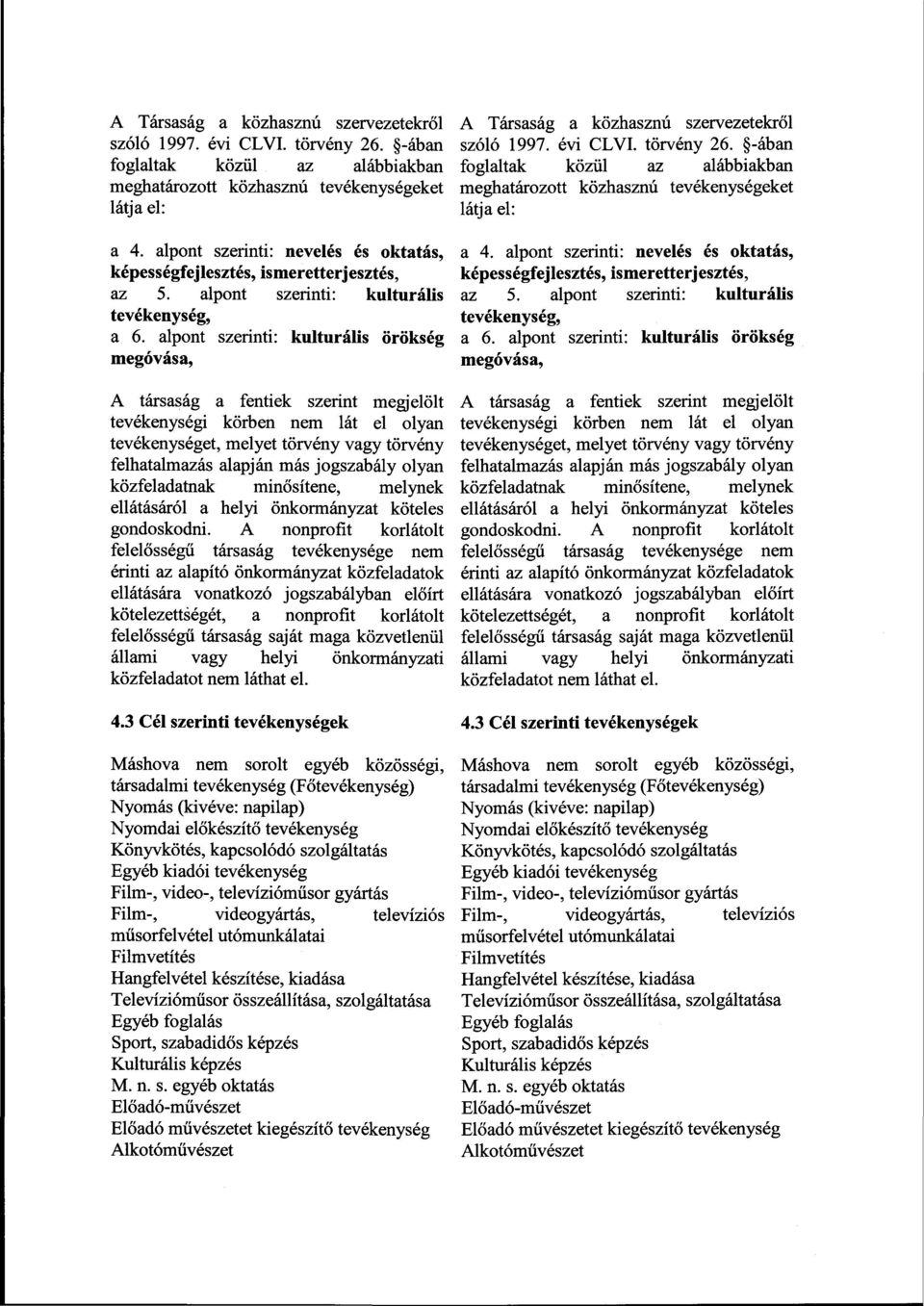 alpont szerinti: kulturális örökség megóvása, A társaság a fentiek szerint megjelölt tevékenységi körben nem lát el olyan tevékenységet, melyet törvény vagy törvény felhatalmazás alapján más