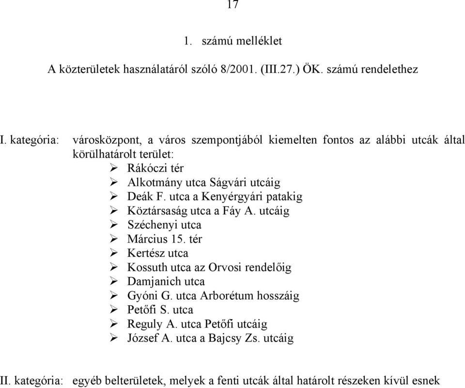 Deák F. utca a Kenyérgyári patakig Köztársaság utca a Fáy A. utcáig Széchenyi utca Március 15.