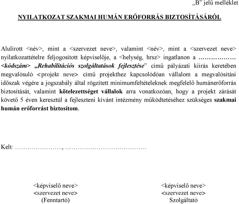 időszak végére a jogszabály által rögzített minimumfeltételeknek megfelelő humánerőforrás biztosítását, valamint kötelezettséget vállalok arra vonatkozóan, hogy a projekt zárását követő 5 éven