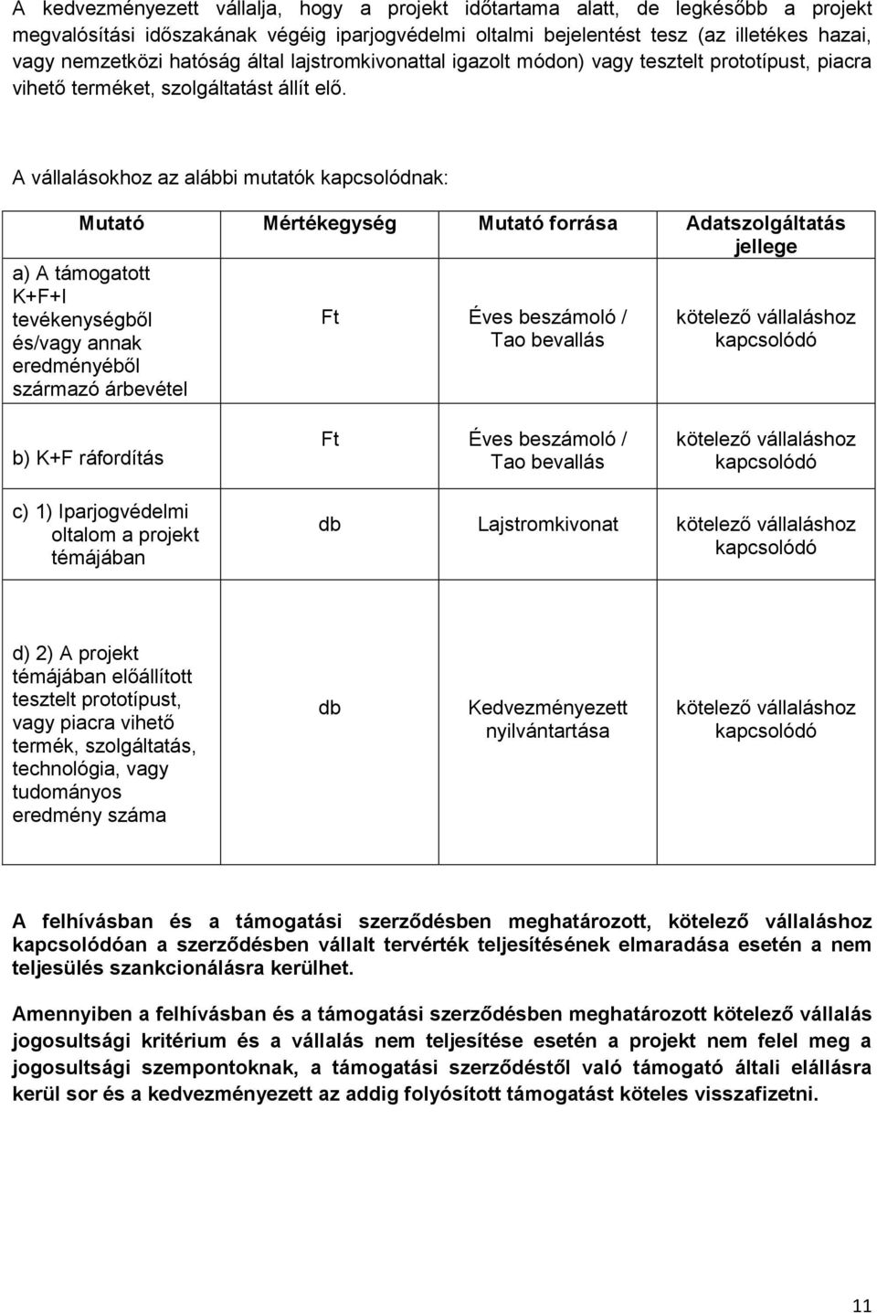 A vállalásokhoz az alábbi mutatók kapcsolódnak: Mutató Mértékegység Mutató forrása Adatszolgáltatás jellege a) A támogatott K+F+I tevékenységből és/vagy annak eredményéből származó árbevétel Ft Éves