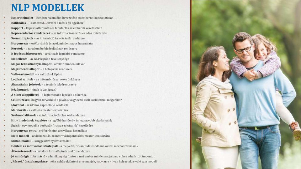 befolyásolásának rendszere N lépéses átkeretezés a változás legújabb rendszere Modellezés az NLP legfőbb tevékenysége Magas teljesítményű állapot - amikor mindenünk van Megismerésiállapot a befogadás