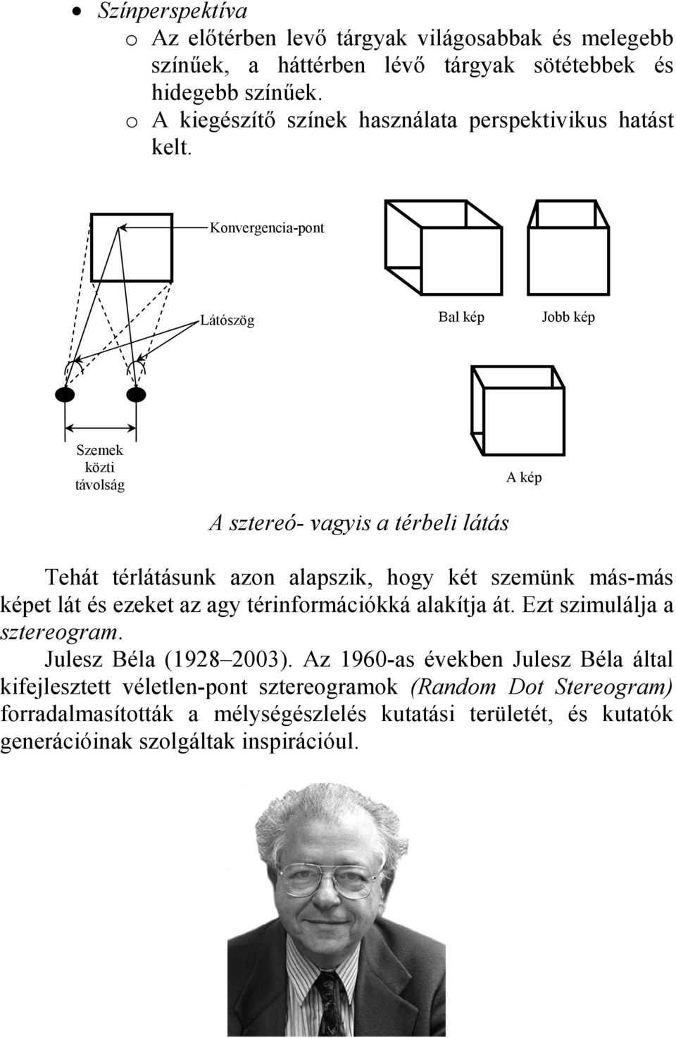 Konvergencia-pont Látószög Bal kép Jobb kép Szemek közti távolság A kép A sztereó- vagyis a térbeli látás Tehát térlátásunk azon alapszik, hogy két szemünk más-más képet
