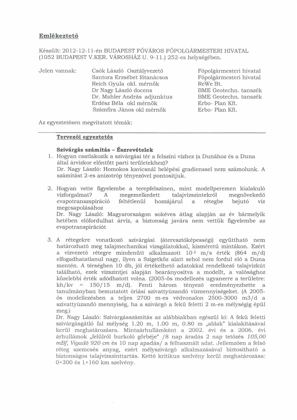 Mahler András adjunktus Erdész Béla okl mérnök Számfira J án os o kl mérnök Főpolgármesteri hivatal Főpolgármesteri hivatal ReWe Bt. BME Geotechn. tanszék BME Geotechn. tanszék Erbo- Plan Kft.