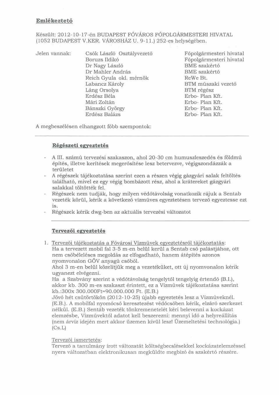 mérnök Labancz Károly Láng Orsolya Erdész Béla Mári Zoltán Bánszki György Erdész Balázs Főpolgármesteri hivatal Főpolgármesteri hivatal BME szakértő BME szakértő ReWe Bt.