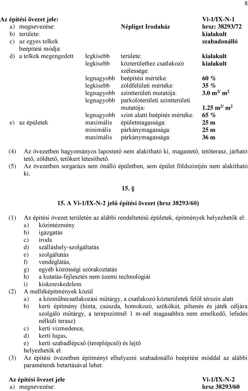 0 m 2/ m 2 legnagyobb parkolóterületi szintterületi mutatója: 1.