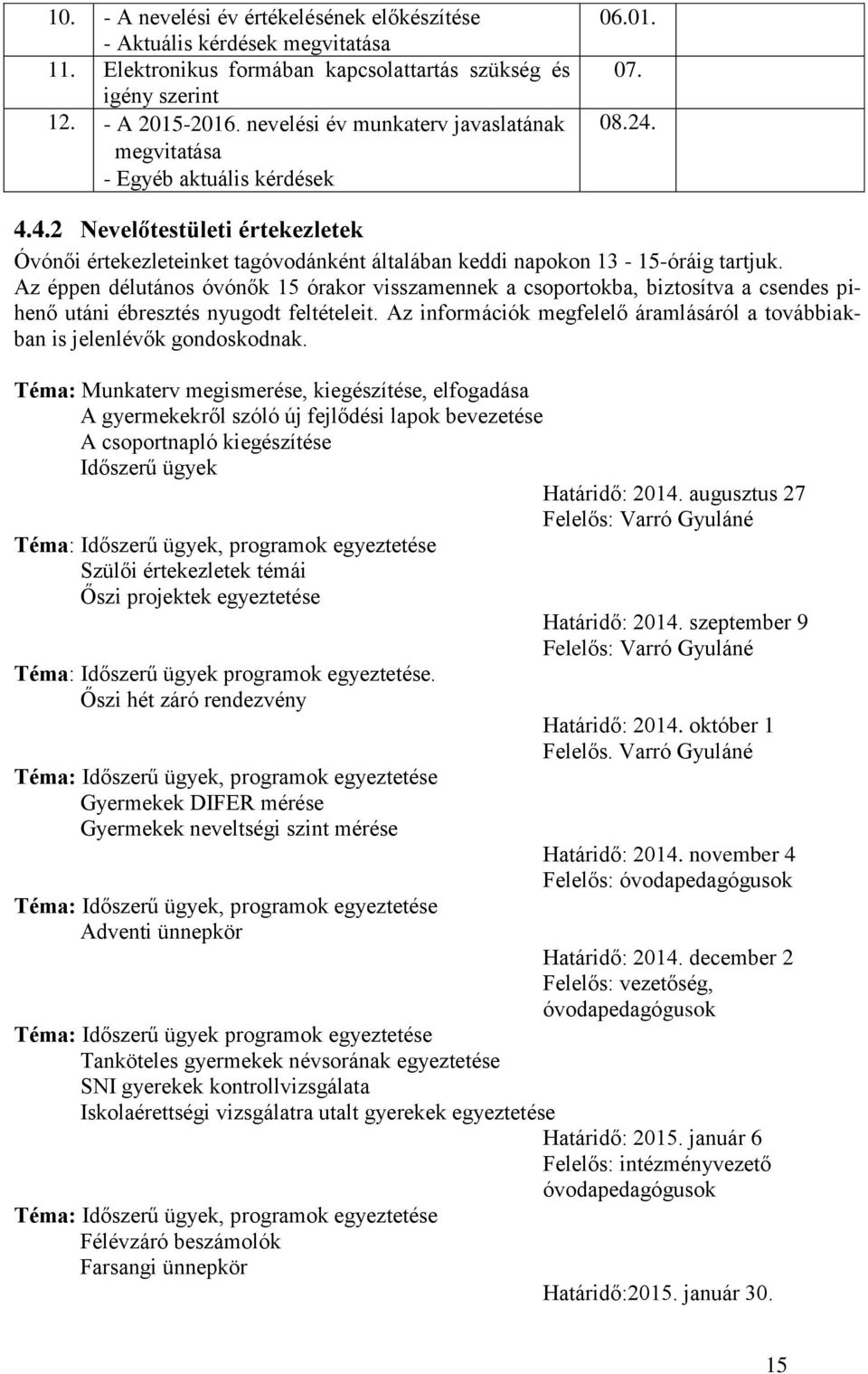 4.4.2 Nevelőtestületi értekezletek Óvónői értekezleteinket tagóvodánként általában keddi napokon 13-15-óráig tartjuk.