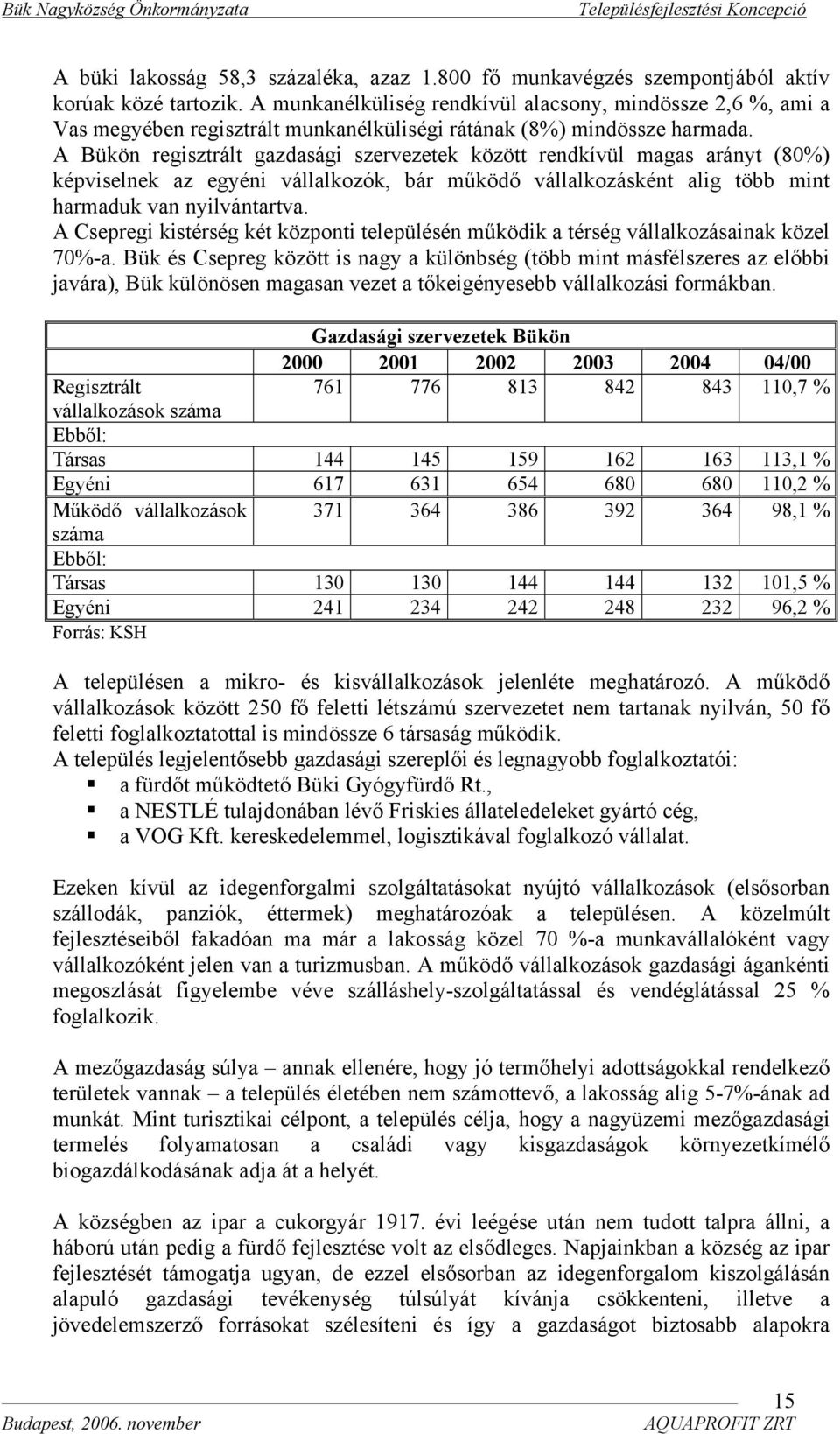 A Bükön regisztrált gazdasági szervezetek között rendkívül magas arányt (80%) képviselnek az egyéni vállalkozók, bár működő vállalkozásként alig több mint harmaduk van nyilvántartva.