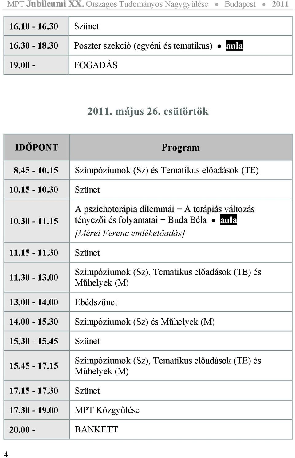15 A pszichoterápia dilemmái A terápiás változás tényezői és folyamatai Buda Béla aula [Mérei Ferenc emlékelőadás] 11.15-11.30 Szünet 11.30-13.