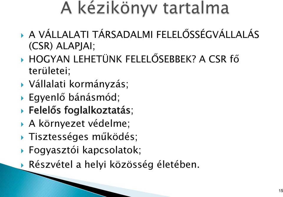 A CSR fő területei; } Vállalati kormányzás; } Egyenlő bánásmód; } Felelős