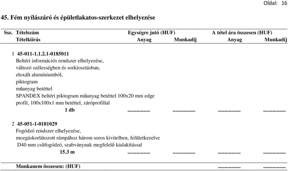 műanyag betéttel SPANDEX beltéri piktogram műanyag betéttel 100x20 mm edge profil, 100x100x1 mm betéttel, záróprofillal 2