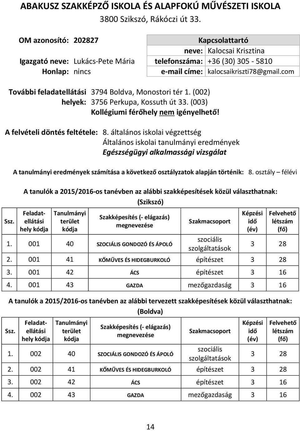 com További feladatellátási helyek: 3794 Boldva, Monostori tér 1. (002) 3756 Perkupa, Kossuth út 33. (003) Kollégiumi férőhely nem igényelhető! A felvételi döntés feltétele: 8.