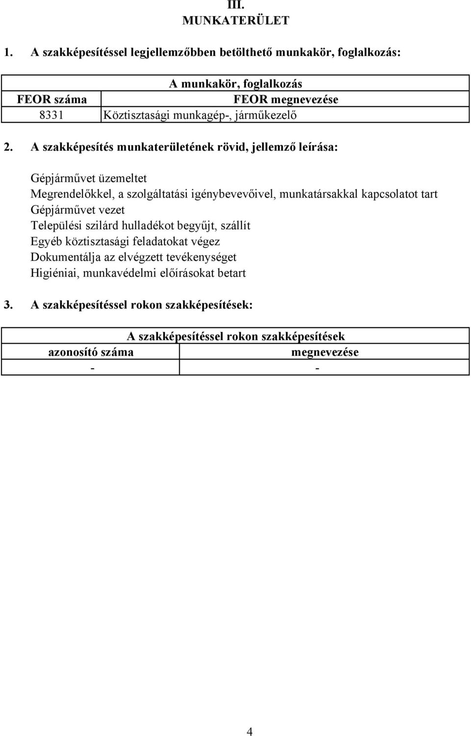 2. A szakképesítés munkaterületének rövid, jellemző leírása: Gépjárművet üzemeltet Megrendelőkkel, a szolgáltatási igénybevevőivel, munkatársakkal kapcsolatot