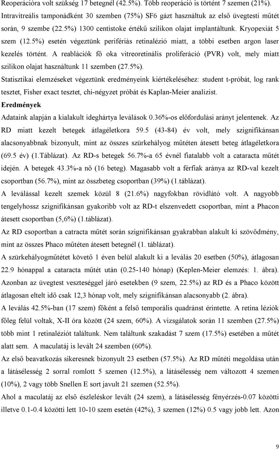 A reablációk fő oka vitreoretinális proliferáció (PVR) volt, mely miatt szilikon olajat használtunk 11 szemben (27.5%).