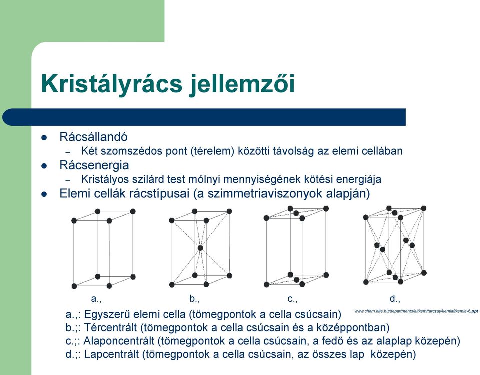 ,: Egyszerű elemi cella (tömegpontok a cella csúcsain) b.;: Tércentrált (tömegpontok a cella csúcsain és a középpontban) c.