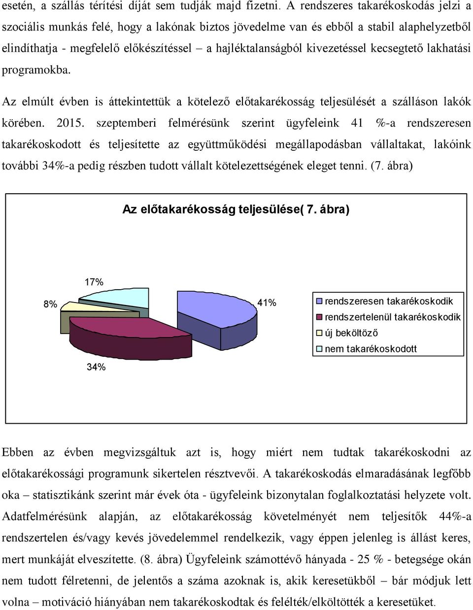 kivezetéssel kecsegtető lakhatási programokba. Az elmúlt évben is áttekintettük a kötelező előtakarékosság teljesülését a szálláson lakók körében. 2015.