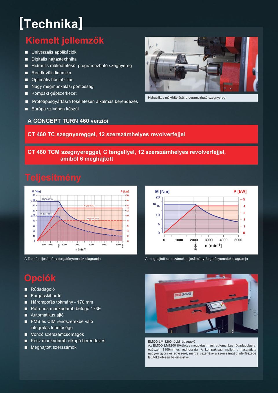 12 szerszámhelyes revolverfejjel CT 460 TCM szegnyereggel, C tengellyel, 12 szerszámhelyes revolverfejjel, amiből 6 meghajtott Teljesítmény M [Nm] P [kw] 90 18 78 80 M (S6-40%) 16 70 P (S6-40%) 14 13