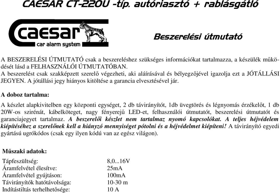 CAESAR CT-220U -típ. autóriasztó + rablásgátló - PDF Free Download