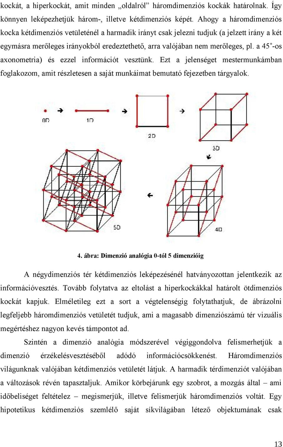 a 45 -os axonometria) és ezzel információt vesztünk. Ezt a jelenséget mestermunkámban foglakozom, amit részletesen a saját munkáimat bemutató fejezetben tárgyalok. 4. ábra: Dimenzió analógia 0-tól 5 dimenzióig A négydimenziós tér kétdimenziós leképezésénél hatványozottan jelentkezik az információvesztés.