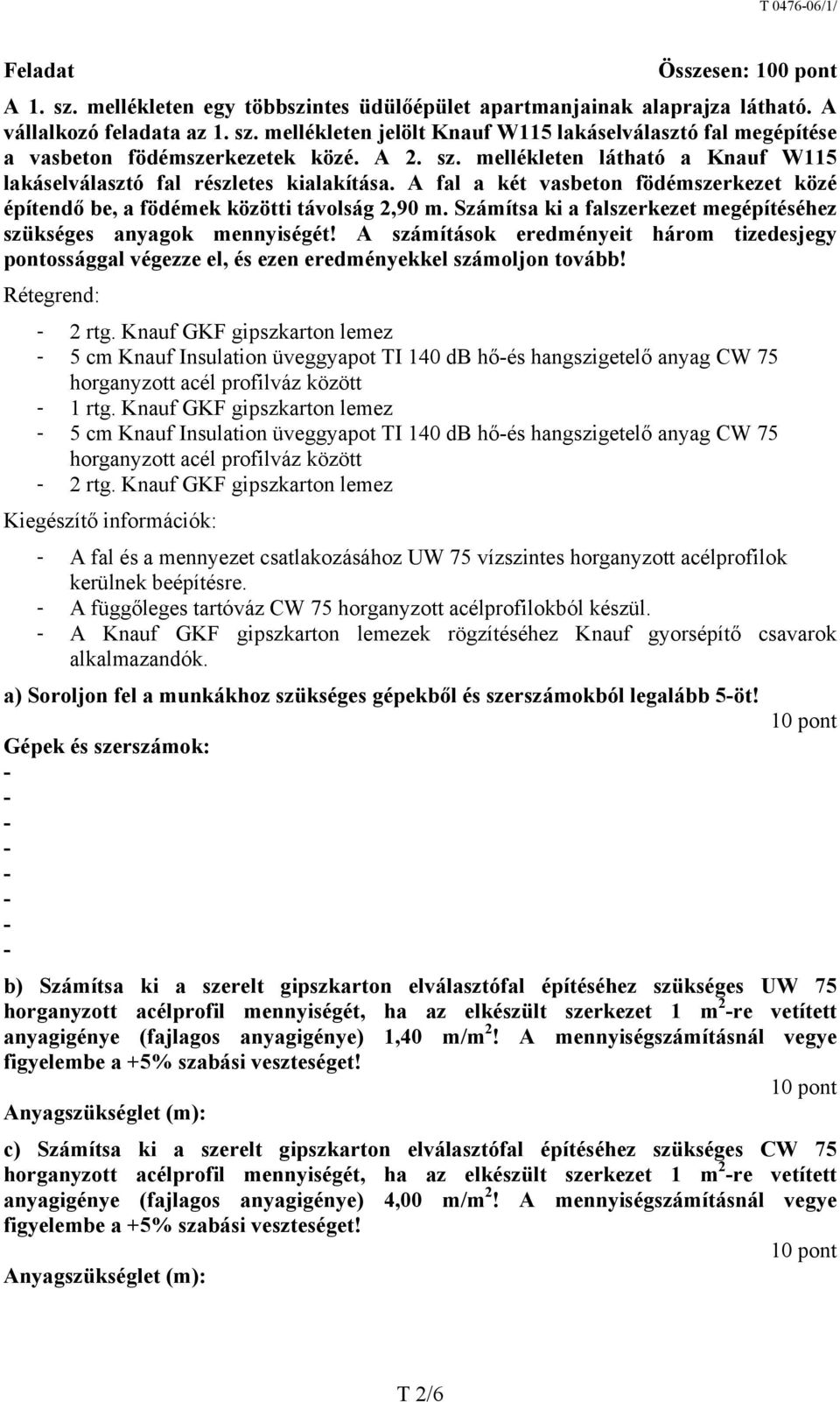 Számítsa ki a falszerkezet megépítéséhez szükséges anyagok mennyiségét! A számítások eredményeit három tizedesjegy pontossággal végezze el, és ezen eredményekkel számoljon tovább! Rétegrend: 2 rtg.