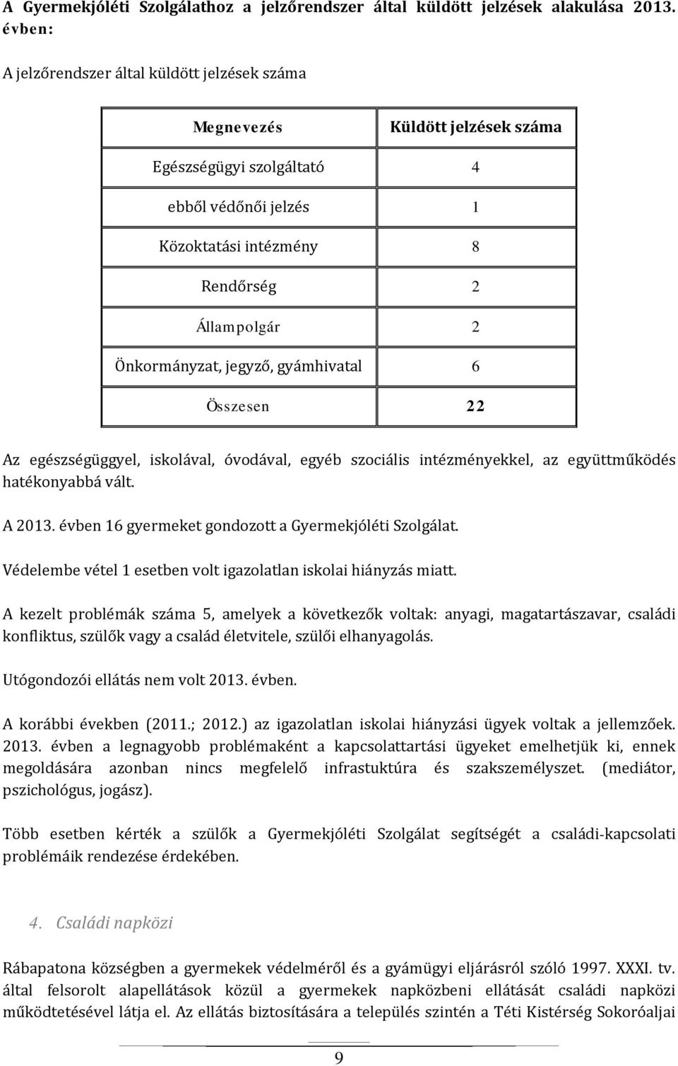 jegyző, gyámhivatal 6 Összesen 22 Az egészségüggyel, iskolával, óvodával, egyéb szociális intézményekkel, az együttműködés hatékonyabbá vált. A 2013.