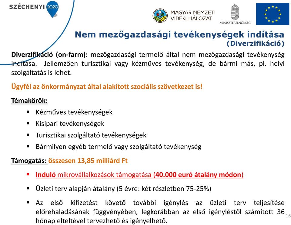 Jellemzően turisztikai vagy kézműves tevékenység, de bármi más, pl. helyi szolgáltatás is lehet. Ügyfél az önkormányzat által alakított szociális szövetkezet is!