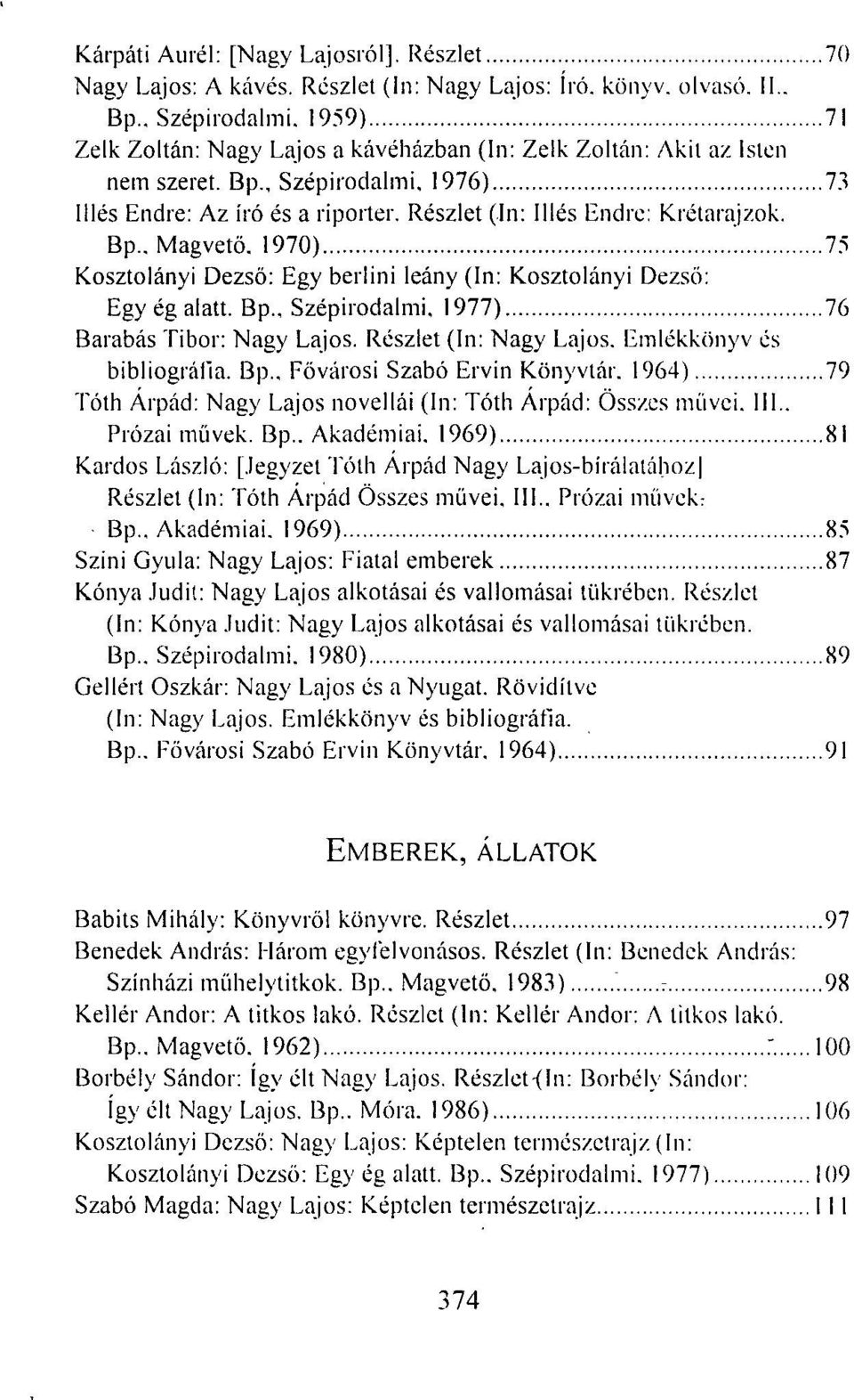 1970) 75 Kosztolányi Dezső: Egy berlini leány (In: Kosztolányi Dezső: Egy ég alatt. Bp., Szépirodalmi. 1977) 76 Barabás Tibor: Nagy Lajos. Részlet (In: Nagy Lajos. Emlékkönyv és bibliográfia. Bp.. Fővárosi Szabó Ervin Könyvtár.