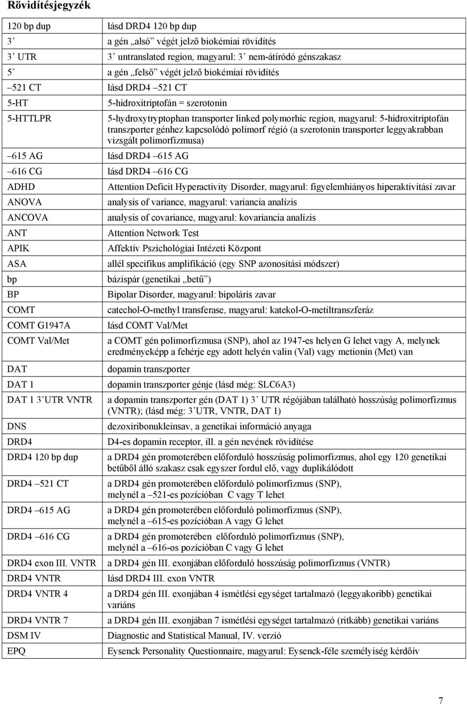 polimorf régió (a szerotonin transporter leggyakrabban vizsgált polimorfizmusa) 615 AG lásd DRD4 615 AG 616 CG lásd DRD4 616 CG ADHD Attention Deficit Hyperactivity Disorder, magyarul: