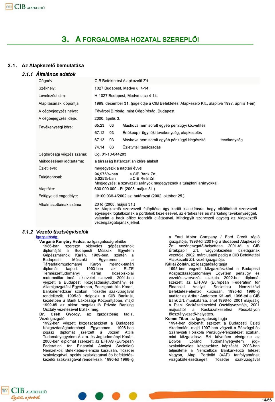 0110044283 Működésének időtartama: Üzleti éve: Tulajdonosai: 1999. december 31. (jogelődje a CIB Befektetési kezelő Kft., alapítva 1997. április 1én) Fővárosi Bíróság, mint Cégbíróság, Budapest 65.