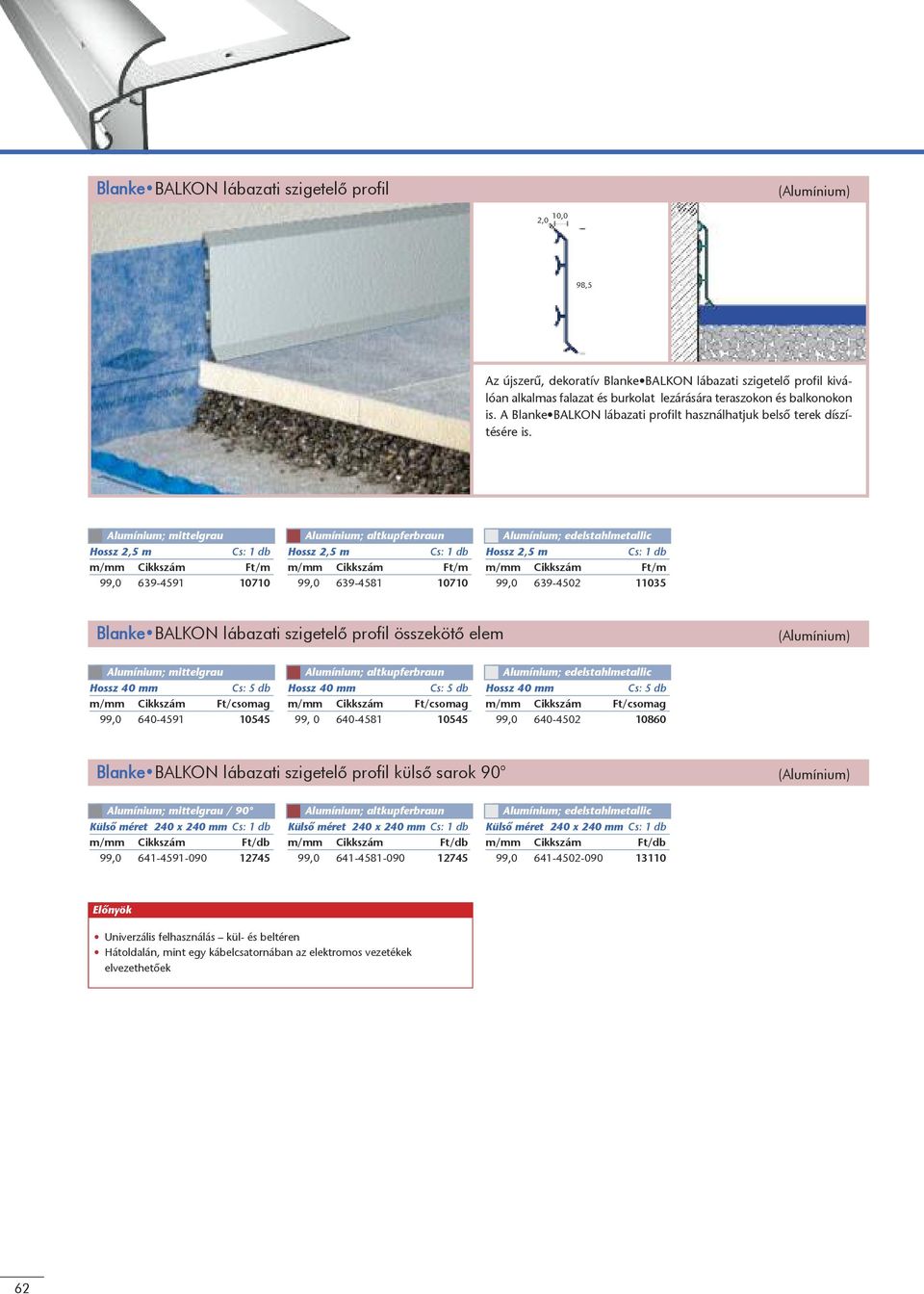 Alumínium; altkupferbraun Alumínium; edelstahlmetallic 99,0 639-59 070 99,0 639-58 070 99,0 639-50 035 Blanke BALKON lábazati szigetelő profil összekötő elem Alumínium; altkupferbraun Alumínium;