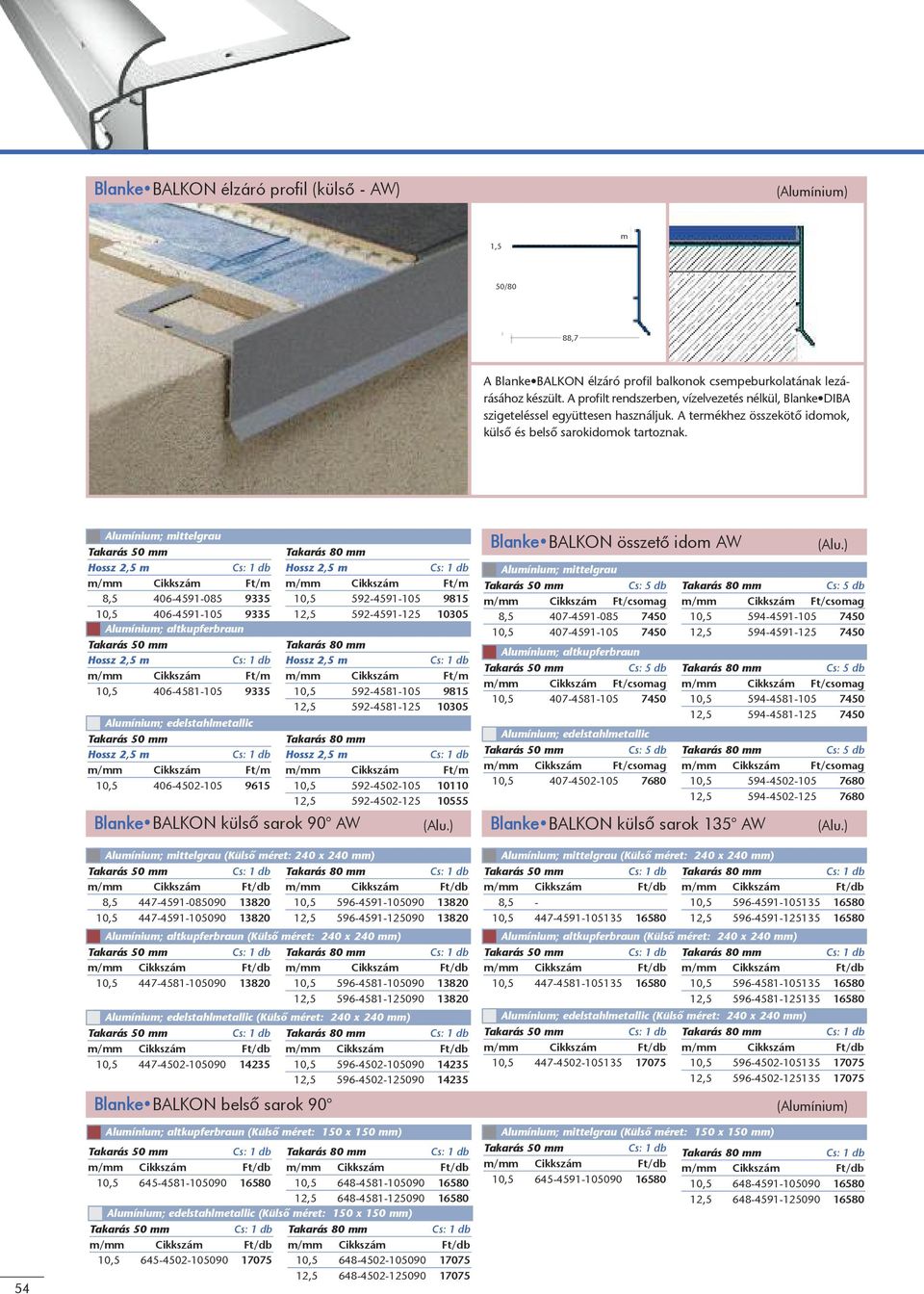 5 8,5 06-59-085 9335 0,5 06-59-05 9335 Alumínium; altkupferbraun 0,5 06-58-05 9335 Alumínium; edelstahlmetallic 0,5 06-50-05 965 Blanke BALKON külsô sarok 90 AW Takarás 80 mm 0,5 59-59-05 985,5