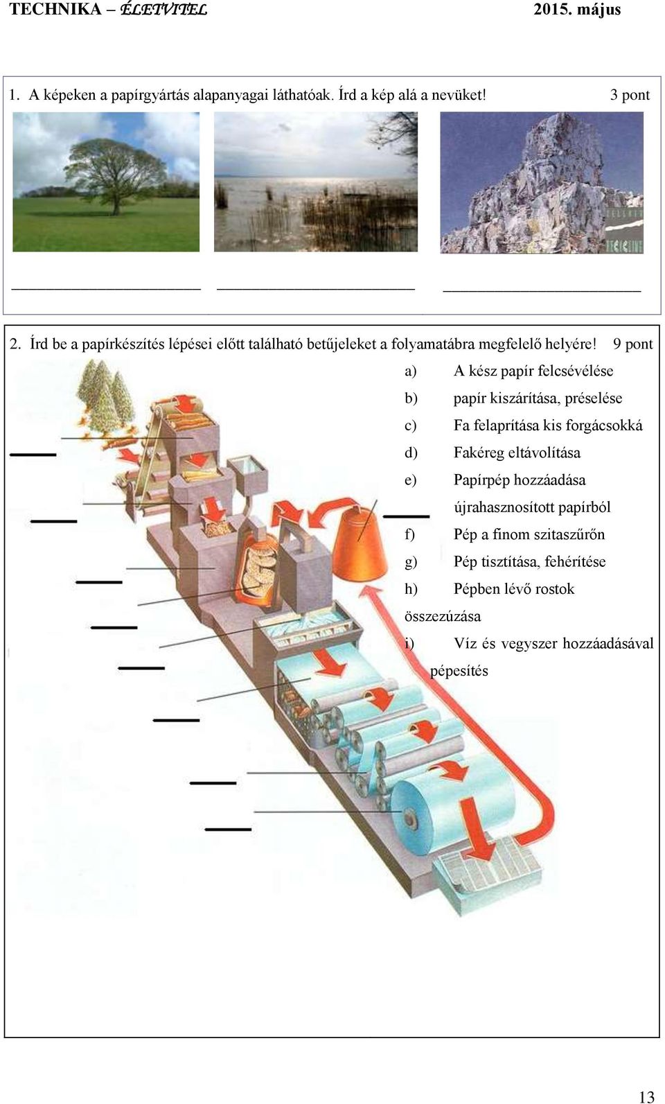 9 pont a) A kész papír felcsévélése b) papír kiszárítása, préselése c) Fa felaprítása kis forgácsokká d) Fakéreg eltávolítása