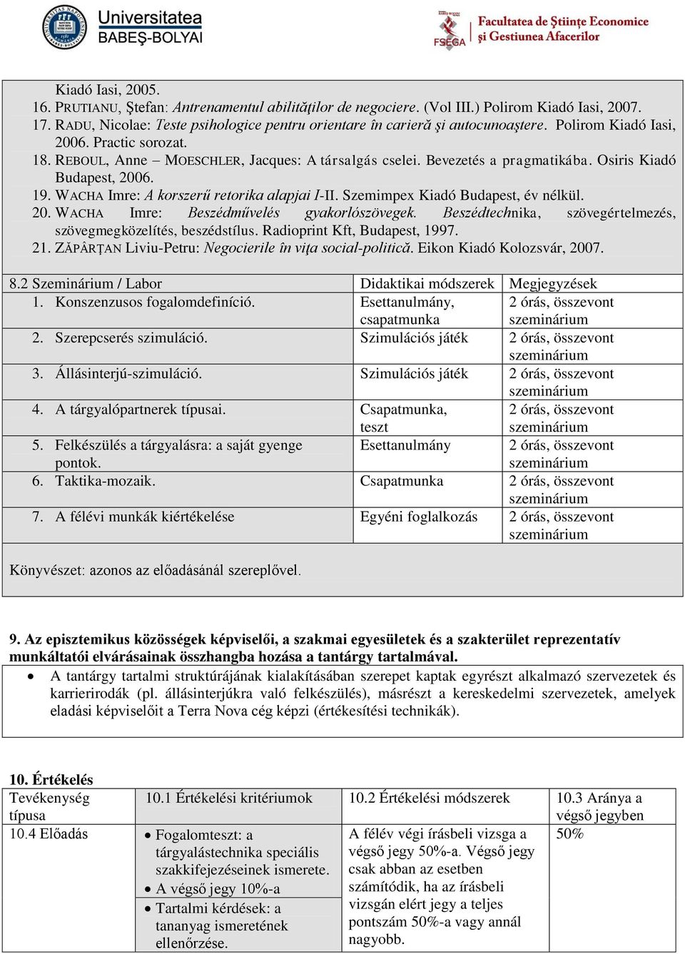 Bevezetés a pragmatikába. Osiris Kiadó Budapest, 2006. 19. WACHA Imre: A korszerű retorika alapjai I-II. Szemimpex Kiadó Budapest, év nélkül. 20. WACHA Imre: Beszédművelés gyakorlószövegek.