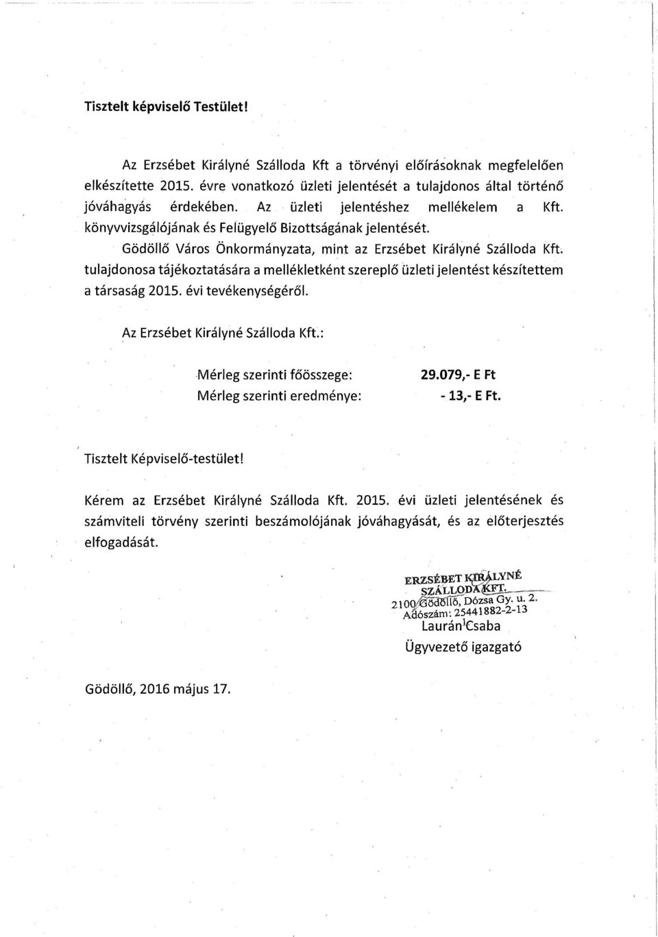 Gödöllő Város Önkormányzata, mint az Erzsébet Királyné Szálloda Kfü tulajdonosa tájékoztatására a mellékletként szereplő uzleti jelentést készítettem a társaság 215. évi tevékenységéről.