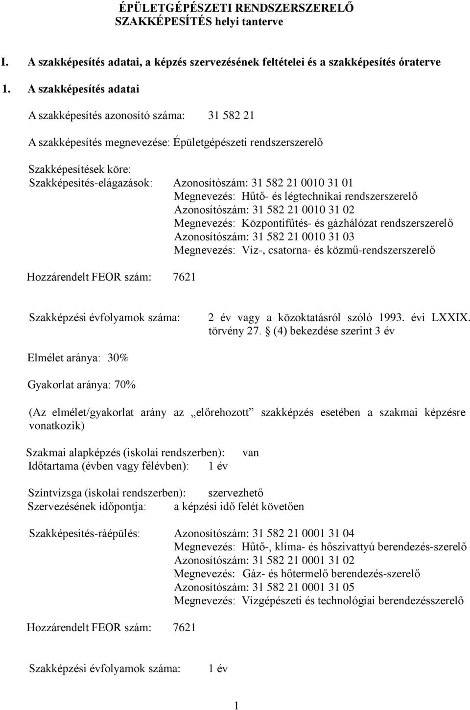 0010 31 01 Megnevezés: Hűtő- és légtechnikai rendszerszerelő Azonosítószám: 31 582 21 0010 31 02 Megnevezés: Központifűtés- és gázhálózat rendszerszerelő Azonosítószám: 31 582 21 0010 31 03