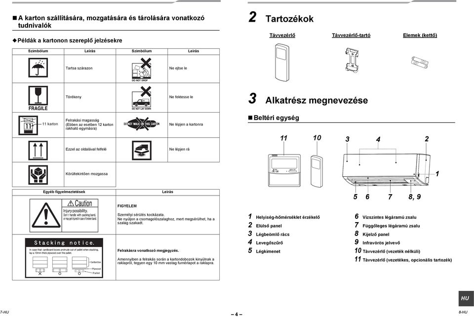 rakható egymásra) Ne lépjen a kartonra Beltéri egység 0 3 4 Ezzel az oldalával felfelé Ne lépjen rá Körültekintően mozgassa FILTER RESET Egyéb figyelmeztetések Leírás 5 6 7 8, 9 Személyi sérülés