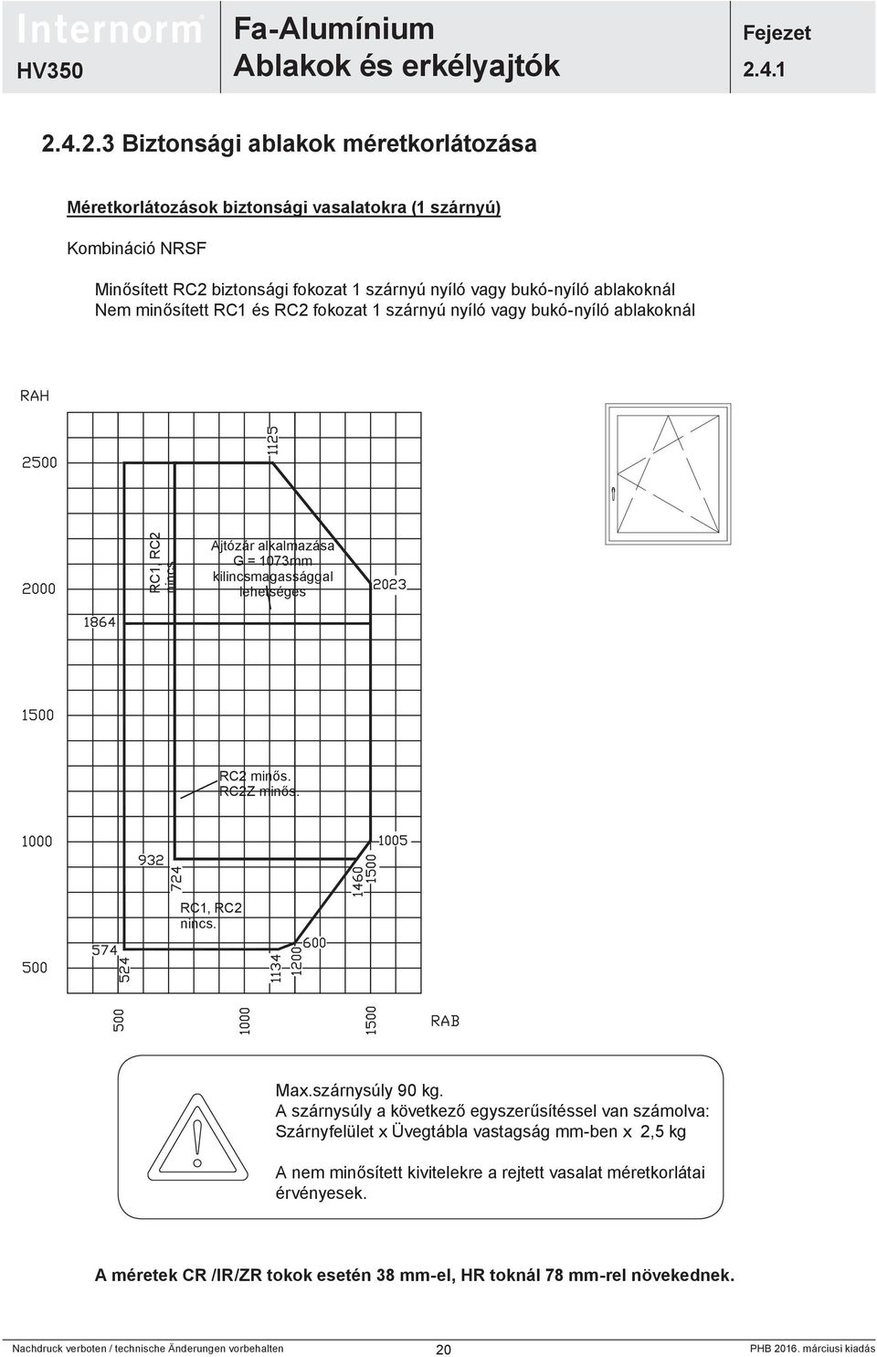 Ajtózár alkalmazása G = 1073mm kilincsmagassággal lehetséges RC2 minős. RC2Z minős. RC1, RC2 nincs. Ma.szárnysúly 90 kg.