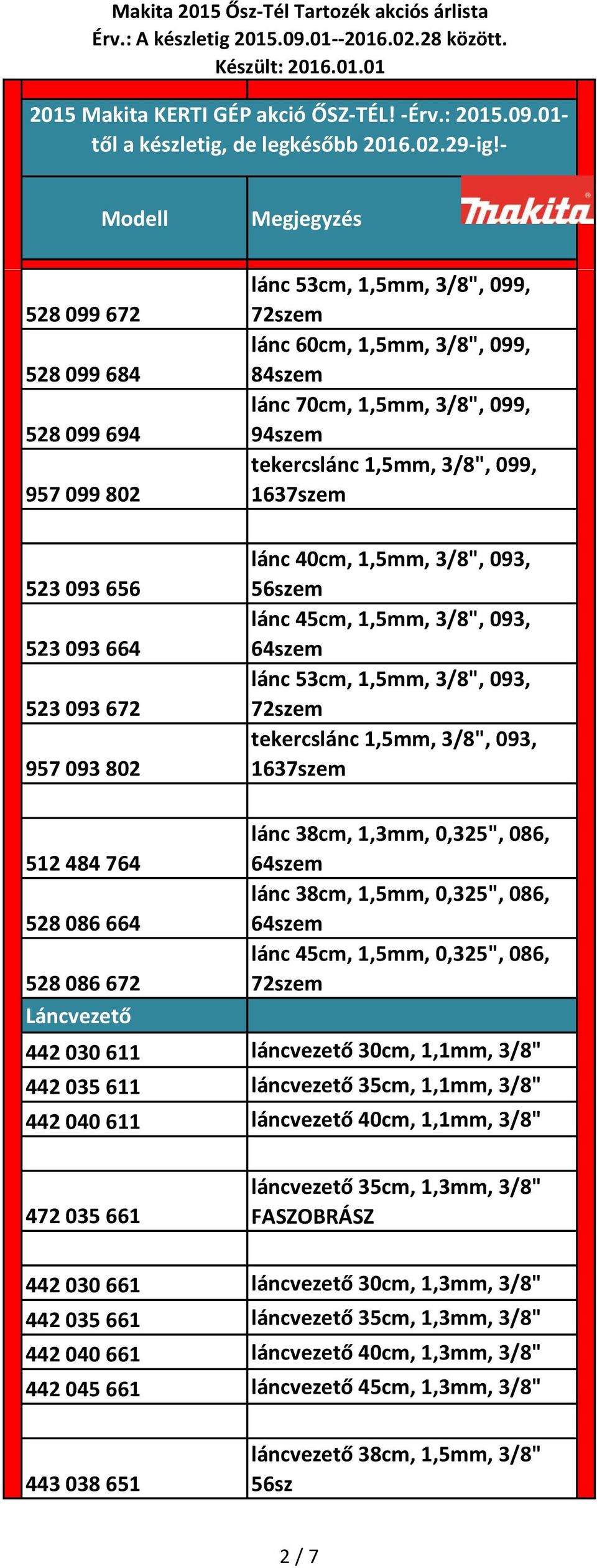 Láncvezető lánc 38cm, 1,3mm, 0,325", 086, lánc 38cm, 1,5mm, 0,325", 086, lánc 45cm, 1,5mm, 0,325", 086, 72szem 442 030 611 láncvezető 30cm, 1,1mm, 3/8" 442 035 611 láncvezető 35cm, 1,1mm, 3/8" 442