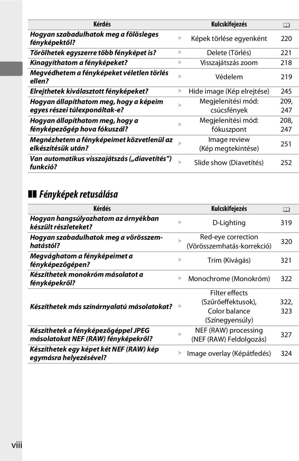 Hide image (Kép elrejtése) 245 Hogyan állapíthatom meg, hogy a képeim egyes részei túlexponáltak-e? Megjelenítési mód: csúcsfények 209, 247 Hogyan állapíthatom meg, hogy a fényképezőgép hova fókuszál?