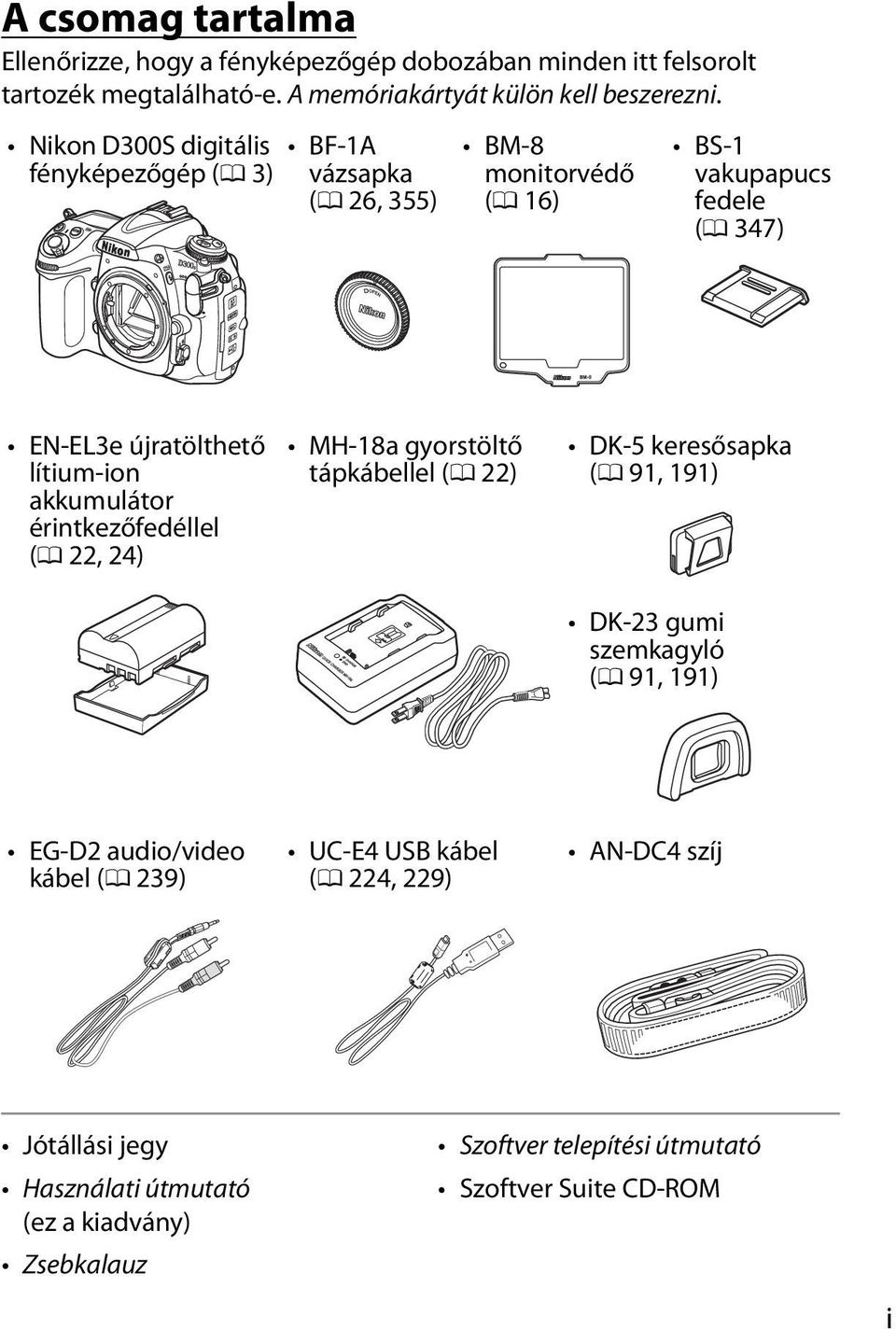 akkumulátor érintkezőfedéllel (0 22, 24) MH-18a gyorstöltő tápkábellel (0 22) DK-5 keresősapka (0 91, 191) DK-23 gumi szemkagyló (0 91, 191) EG-D2