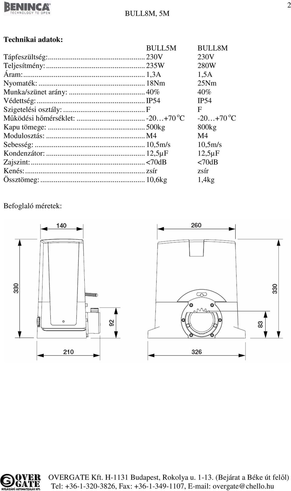 .. -20 +70 o C -20 +70 o C Kapu tömege:... 500kg 800kg Modulosztás:... M4 M4 Sebesség:.