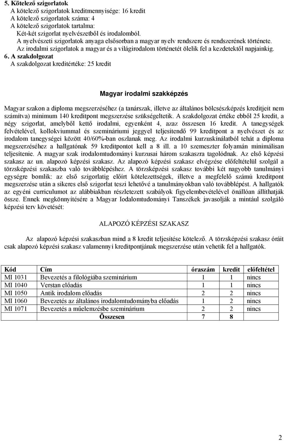 A szakdolgozat A szakdolgozat kreditértéke: 25 kredit Magyar irodalmi szakképzés Magyar szakon a diploma megszerzéséhez (a tanárszak, illetve az általános bölcsészképzés kreditjeit nem számítva)