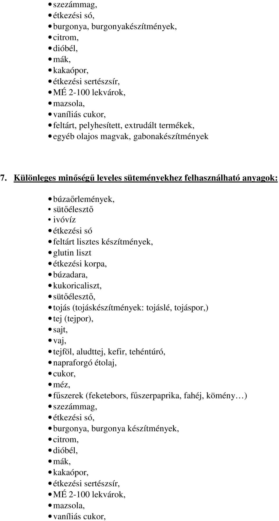 Különleges minıségő leveles süteményekhez felhasználható anyagok: búzaırlemények, sütıélesztı ivóvíz étkezési só feltárt lisztes készítmények, glutin liszt étkezési korpa, búzadara, kukoricaliszt,