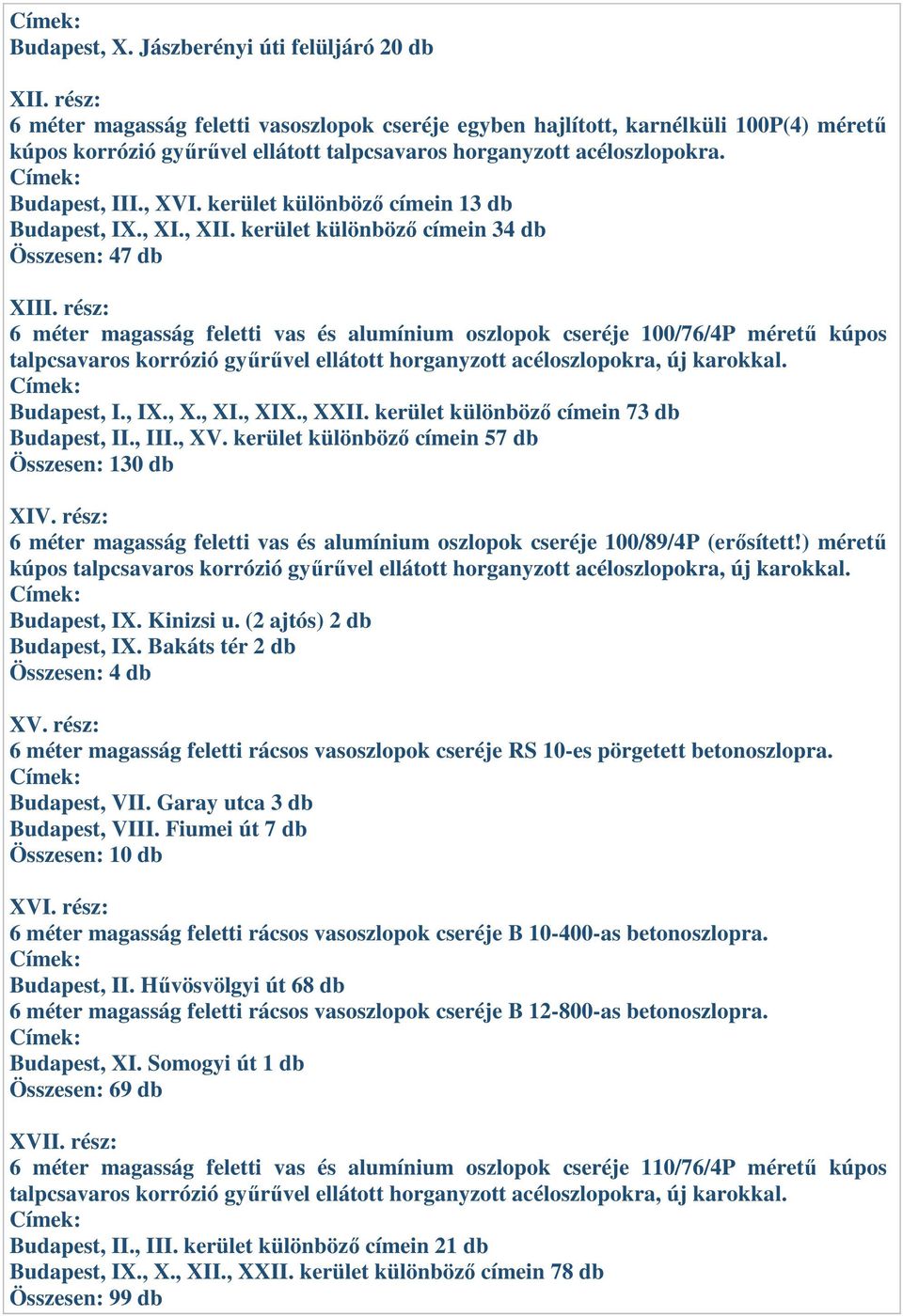 rész: 6 méter magasság feletti vas és alumínium oszlopok cseréje 100/76/4P méretű kúpos Budapest, I., IX., X., XI., XIX., XXII. kerület különböző címein 73 db Budapest, II., III., XV.