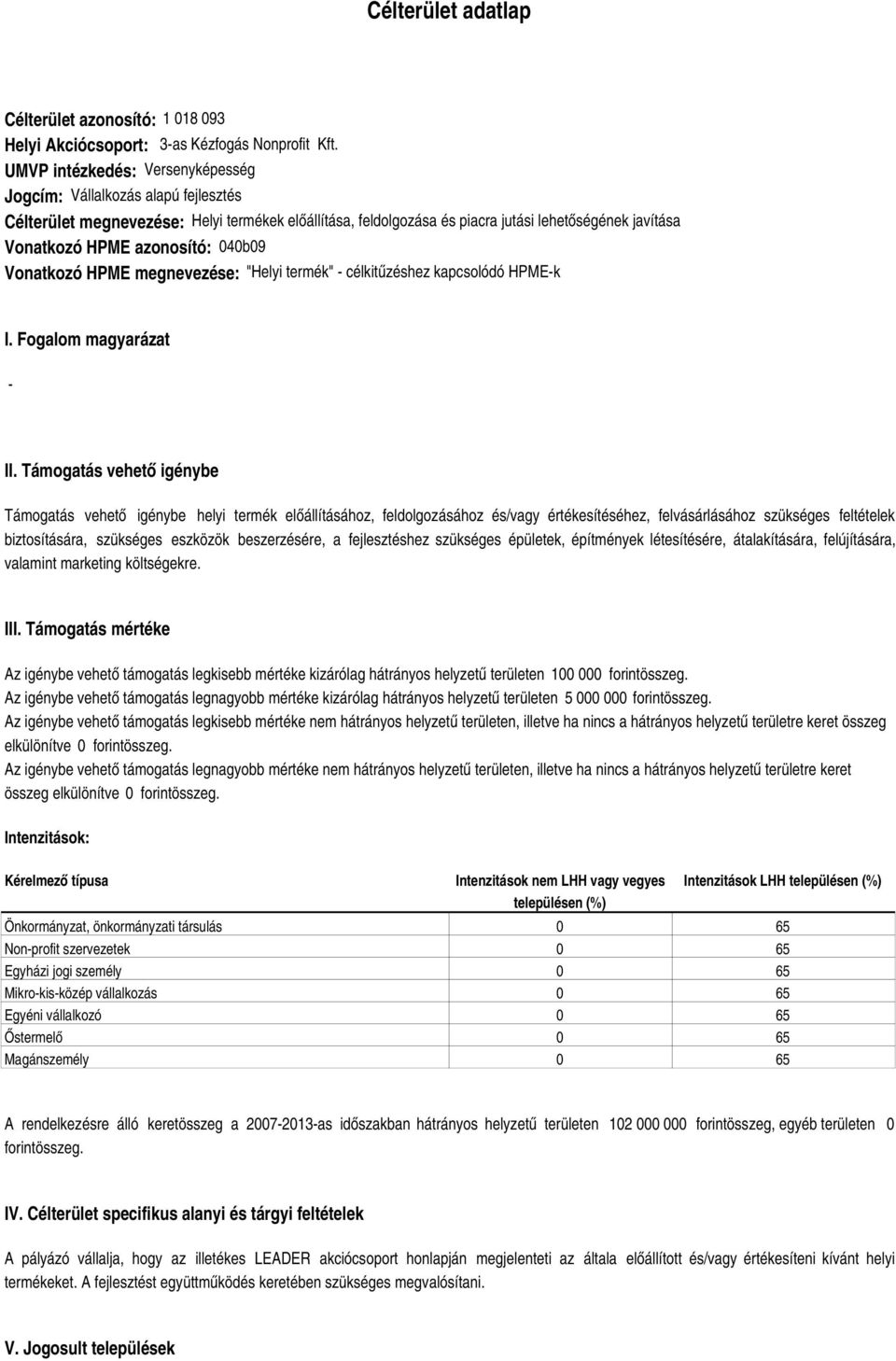 azonosító: 040b09 Vonatkozó HPME megnevezése: "Helyi termék" célkitűzéshez kapcsolódó HPMEk I. Fogalom magyarázat II.