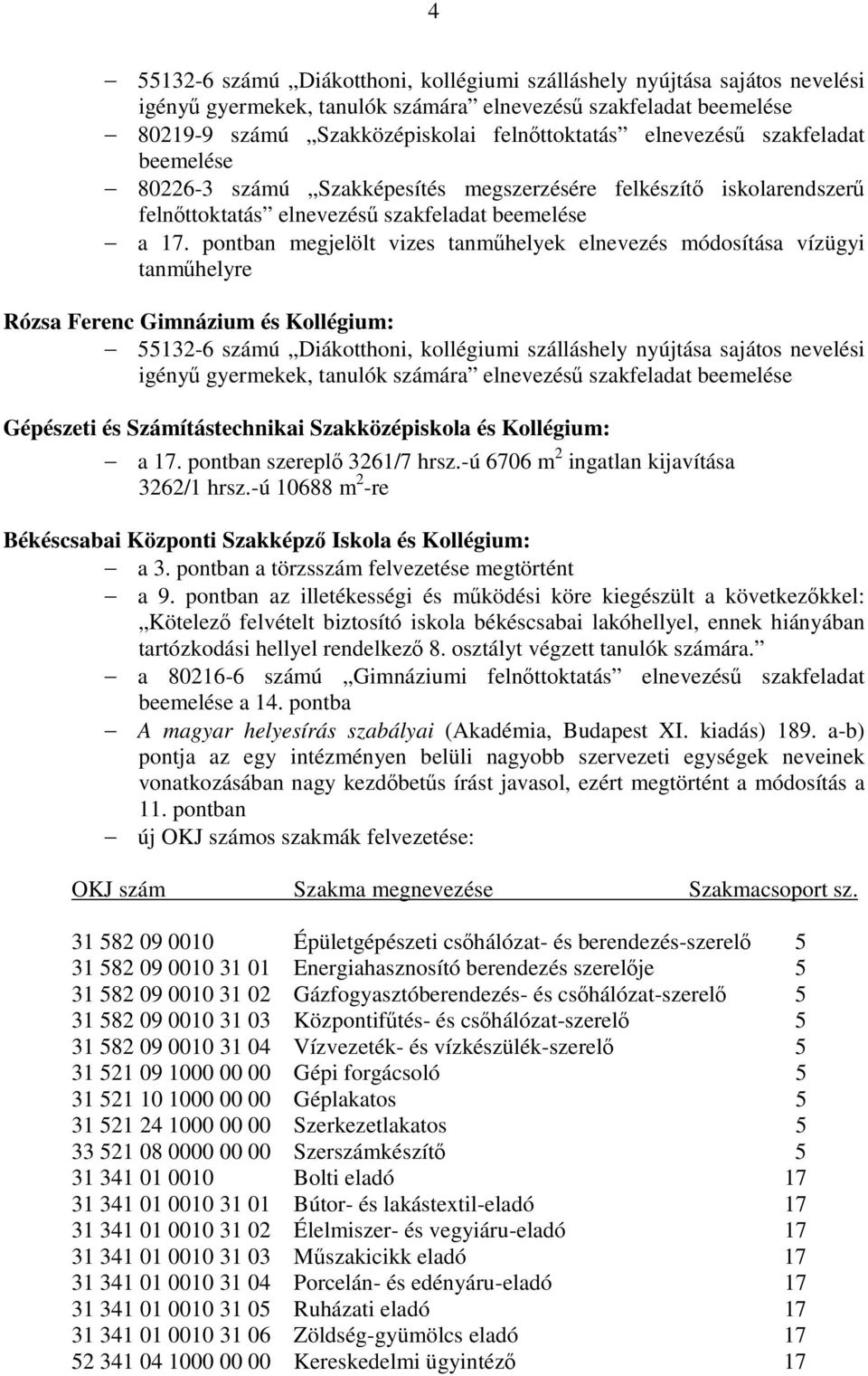 pontban megjelölt vizes tanműhelyek elnevezés módosítása vízügyi tanműhelyre Rózsa Ferenc Gimnázium és Kollégium: 55132-6 számú Diákotthoni, kollégiumi szálláshely nyújtása sajátos nevelési igényű