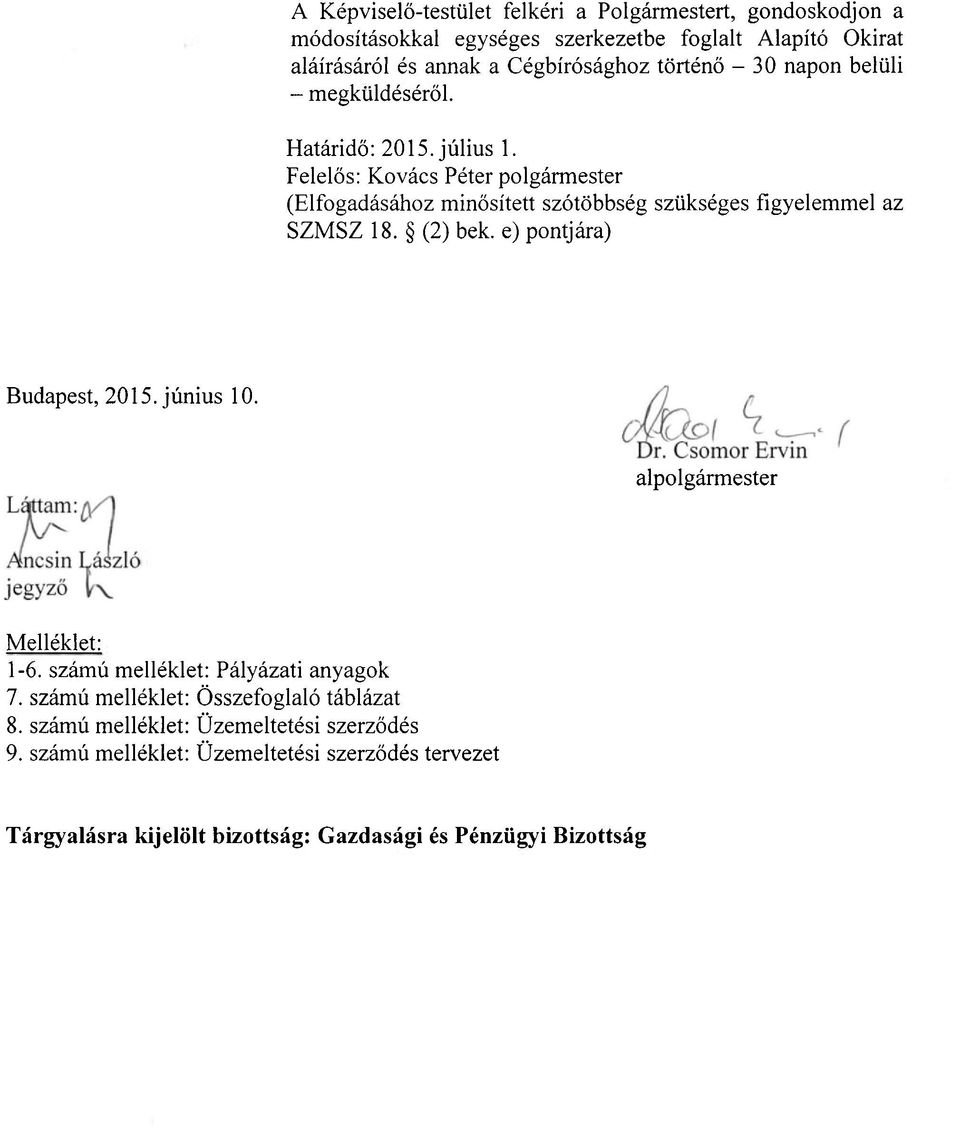 (2) bek. e) pontjára) Budapest, 2015. június 10. alpolgármester Melléklet: 1-6. számú melléklet: Pályázati anyagok 7.