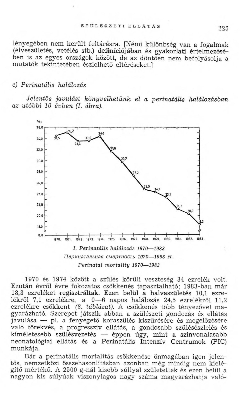 ] c) Perinatális halálozás Jelentős javulást könyvelhetünk el a perinatális halálozásban az utóbbi 10 évben (I. ábra). 1. Perinatális halálozás 1970 1983 Перинатальная смертность 1970 1983 гг.