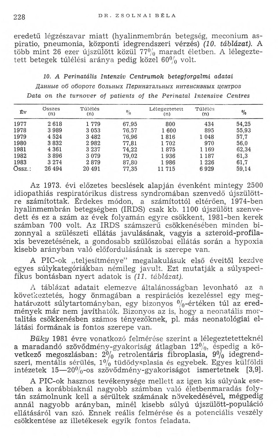 A Perinatális In ten zív C entrum ok betegforgalm i adatai Данные об обороте больных Перинатальных интенсивных центров Data on the turnover of patients of the Perinatal Intensive Centres Az 1973.